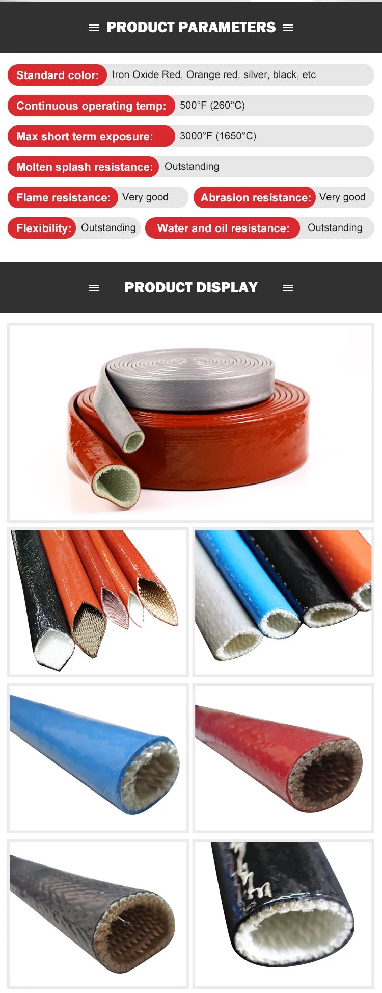 China Manufacturer Glass Fiber Braided Steel Fctory Cable Hose Protection Fire Sleeving Silicone Covered Braided Fiberglass Sleeving